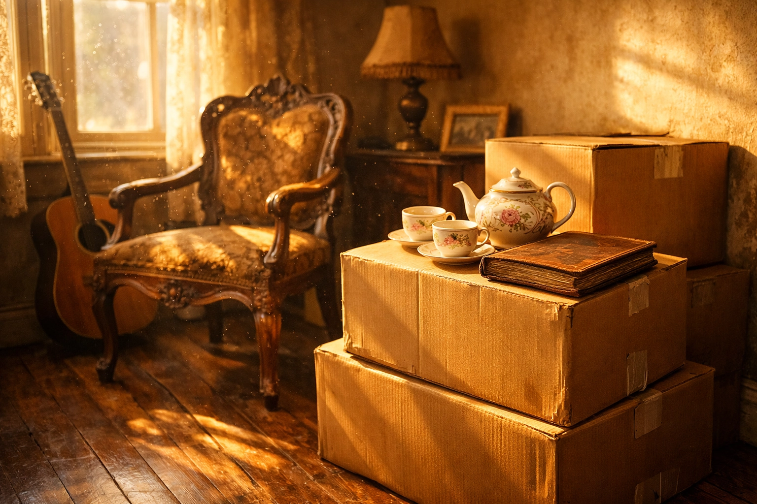 Moving boxes and sentimental items in a Nashville house inherited by heirs.