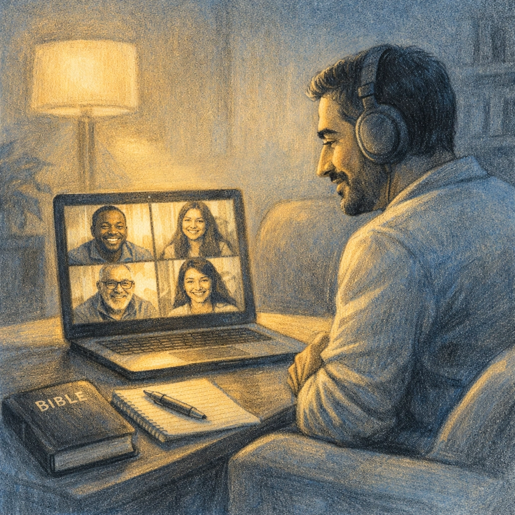 Online small group video call with Bible study participants staying connected