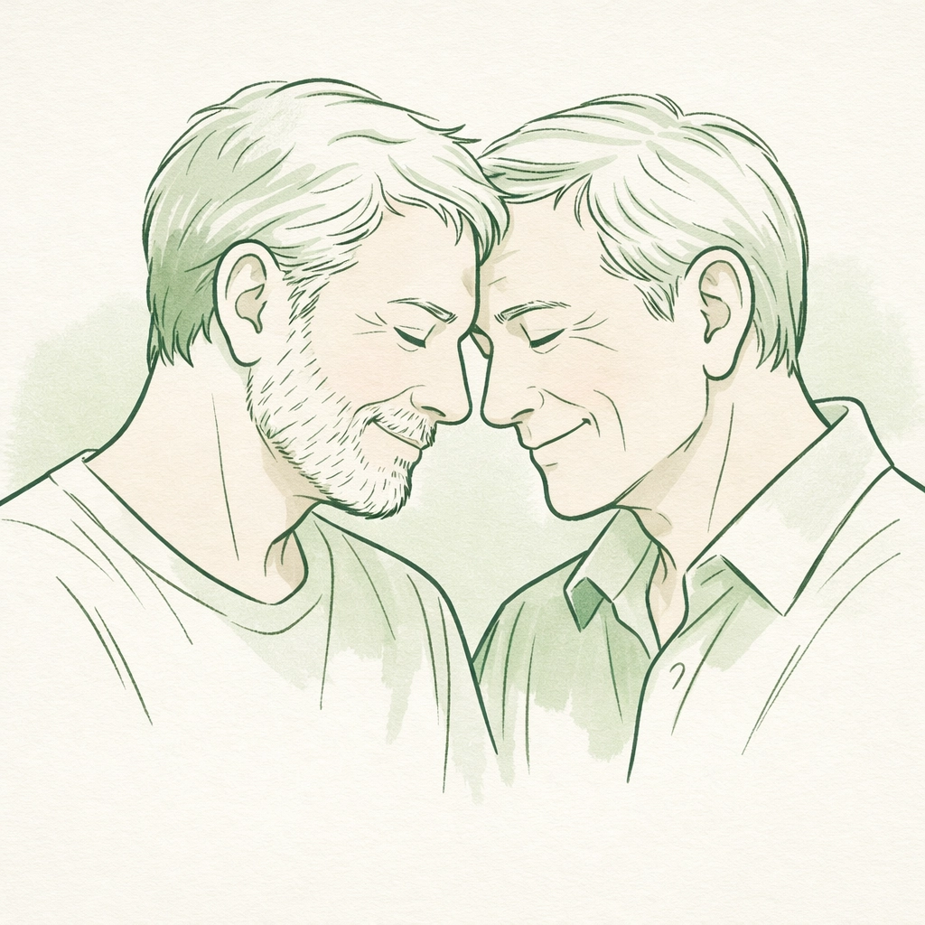 Older gay men with silver hair leaning foreheads together in a peaceful, heartfelt gay fiction moment.