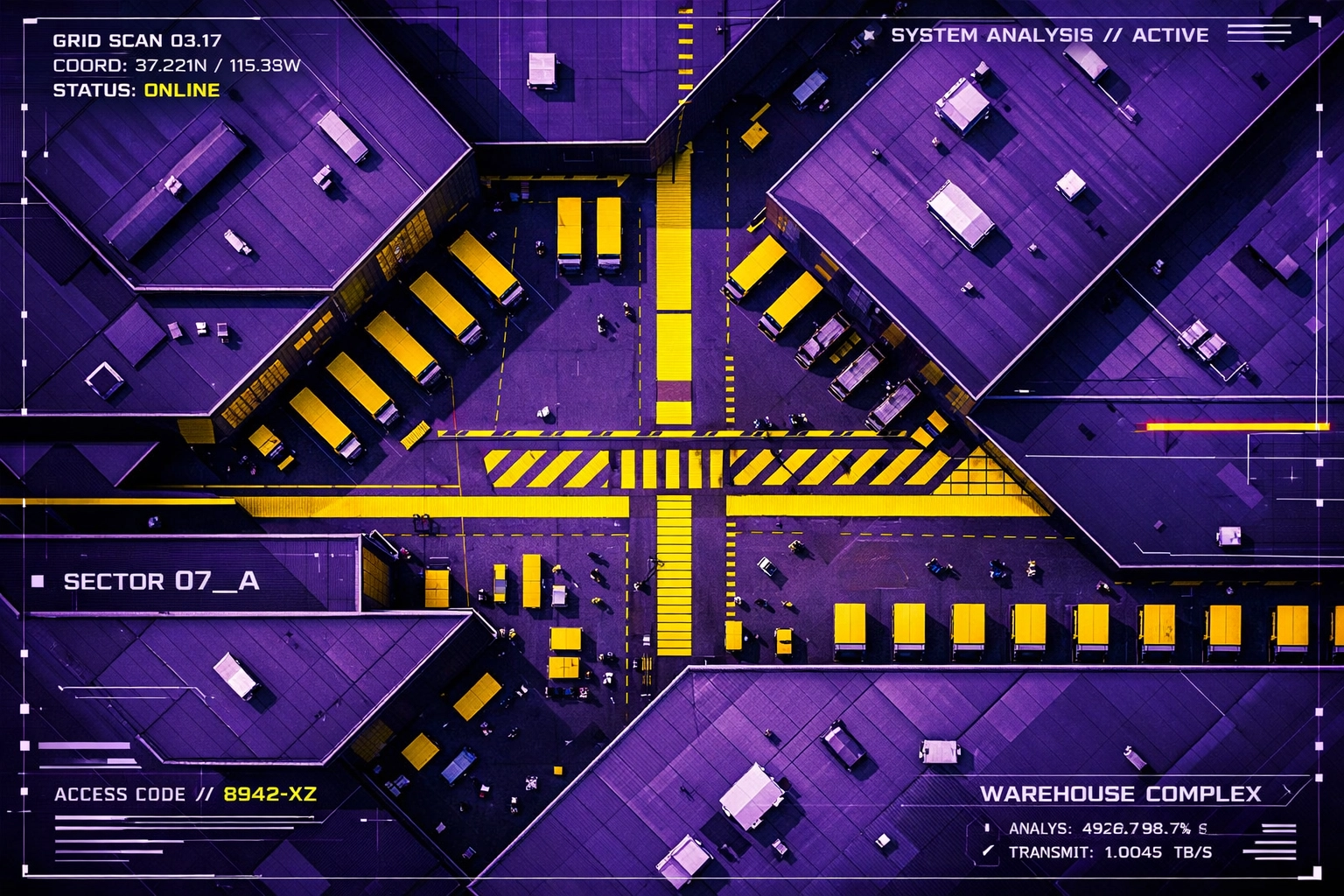 Top-down aerial view of warehouse complex showing scale for brand storytelling