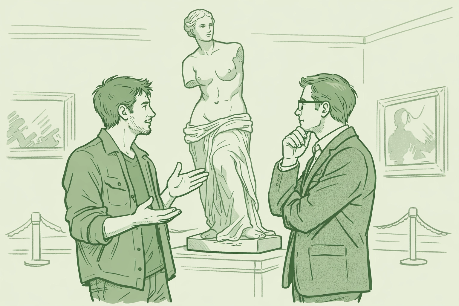 Artist and conservator connect in Florence gallery before Renaissance sculpture - gay romance