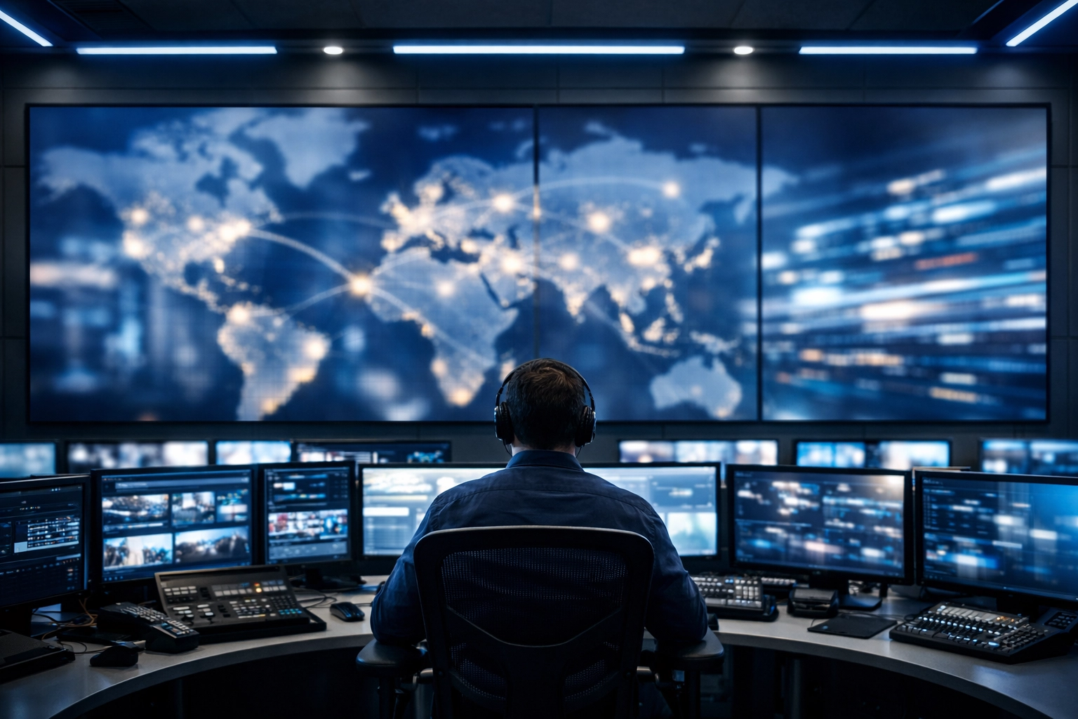 High-tech media operations center showcasing global connectivity and digital transformation strategy.