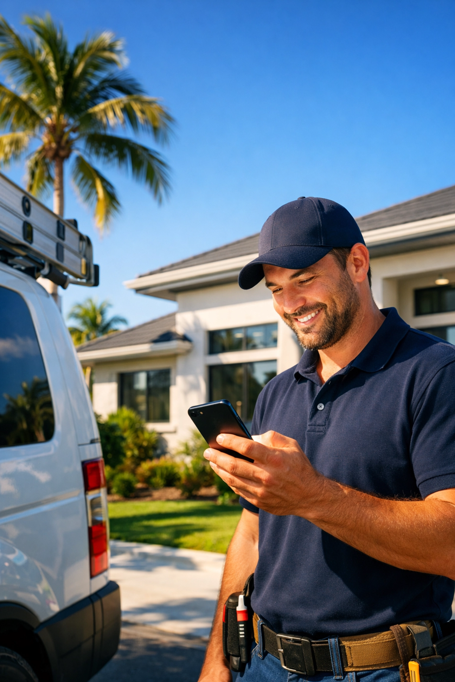 Venice contractor managing gutter repair leads on a smartphone in a sunny Florida neighborhood.