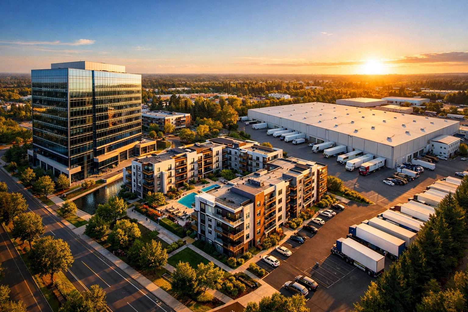 Aerial view of diverse commercial real estate portfolio including office and industrial properties