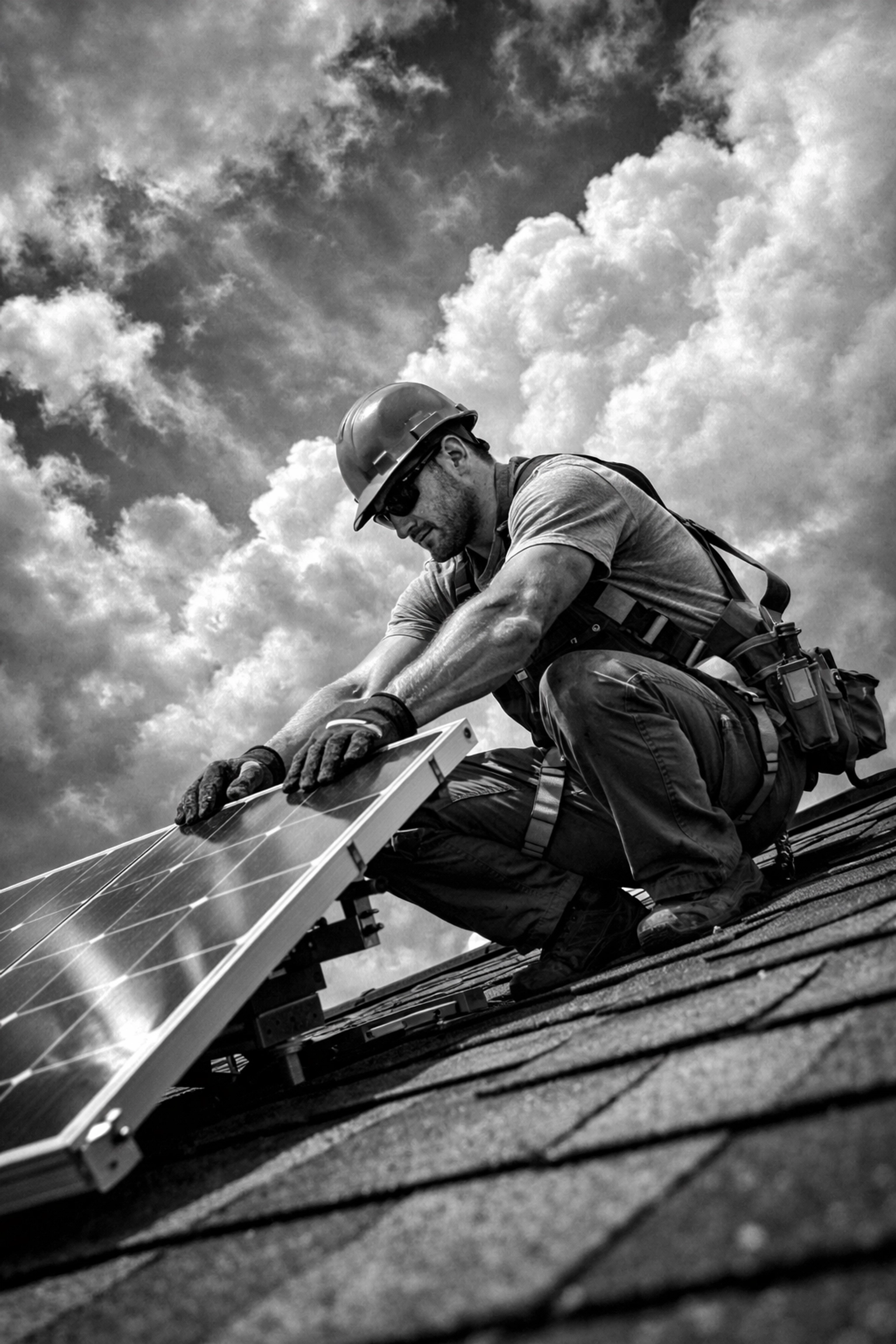 Professional solar installer working on residential rooftop panel installation