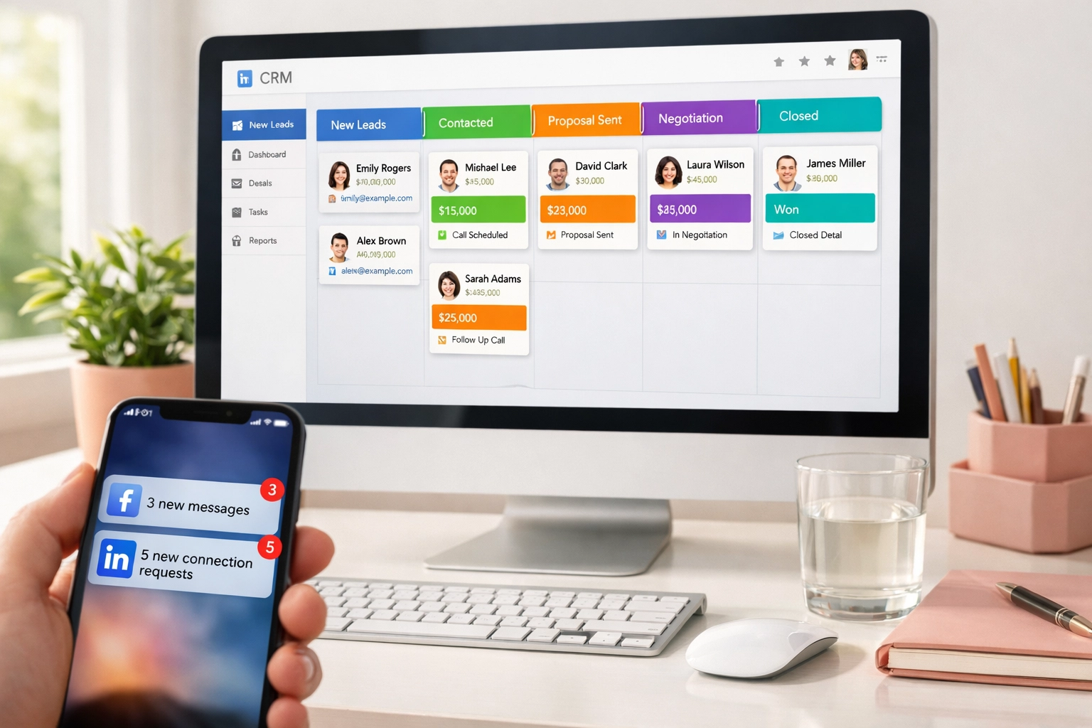 CRM dashboard displaying automated lead pipeline with Facebook and LinkedIn integrations