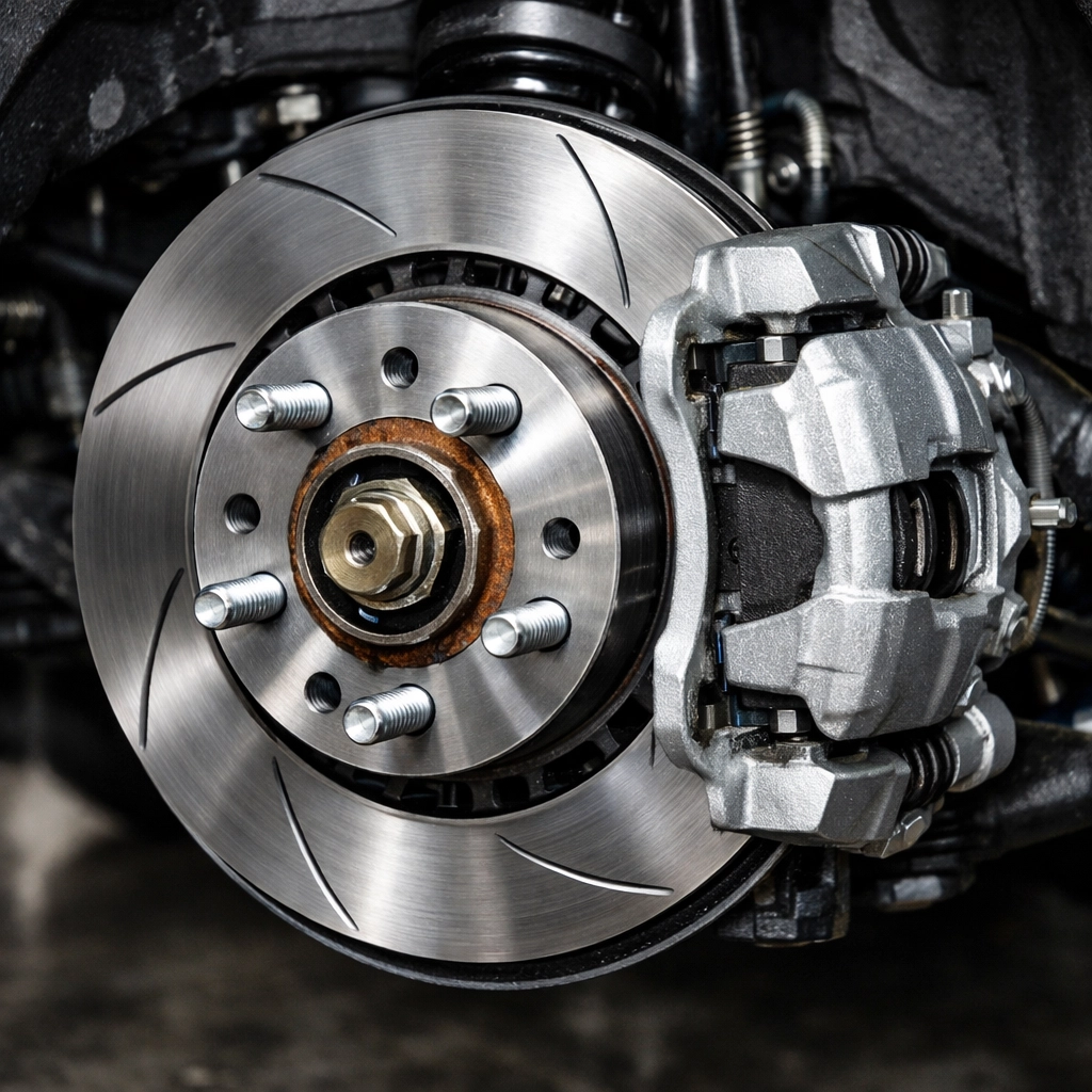 Detailed inspection of a vehicle's brake rotor and caliper to prevent car pulling and drifting.