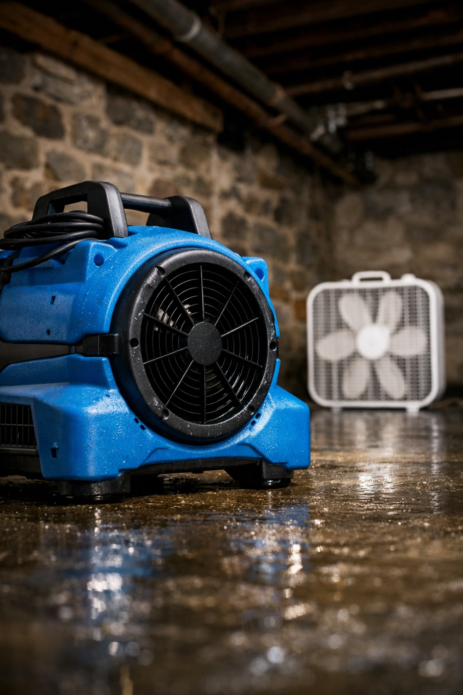 Industrial air mover vs a small box fan for professional water damage restoration in Berks County.