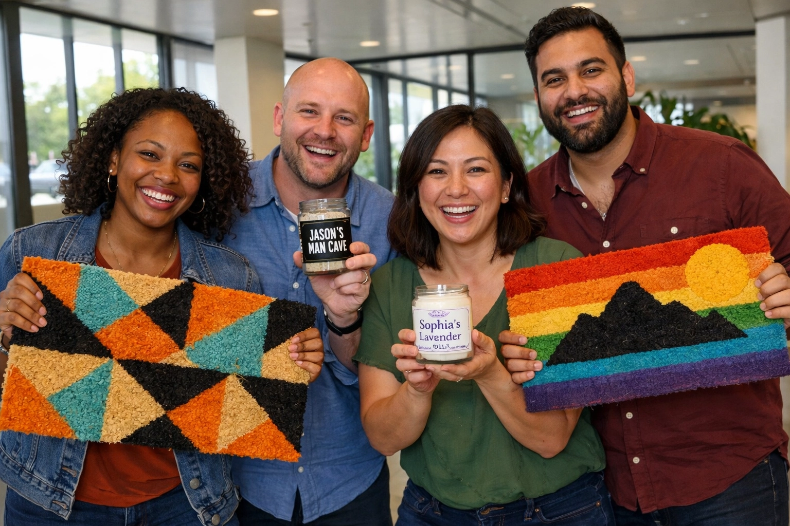 Diverse coworkers proudly showing off their finished custom door mats and handmade candles.