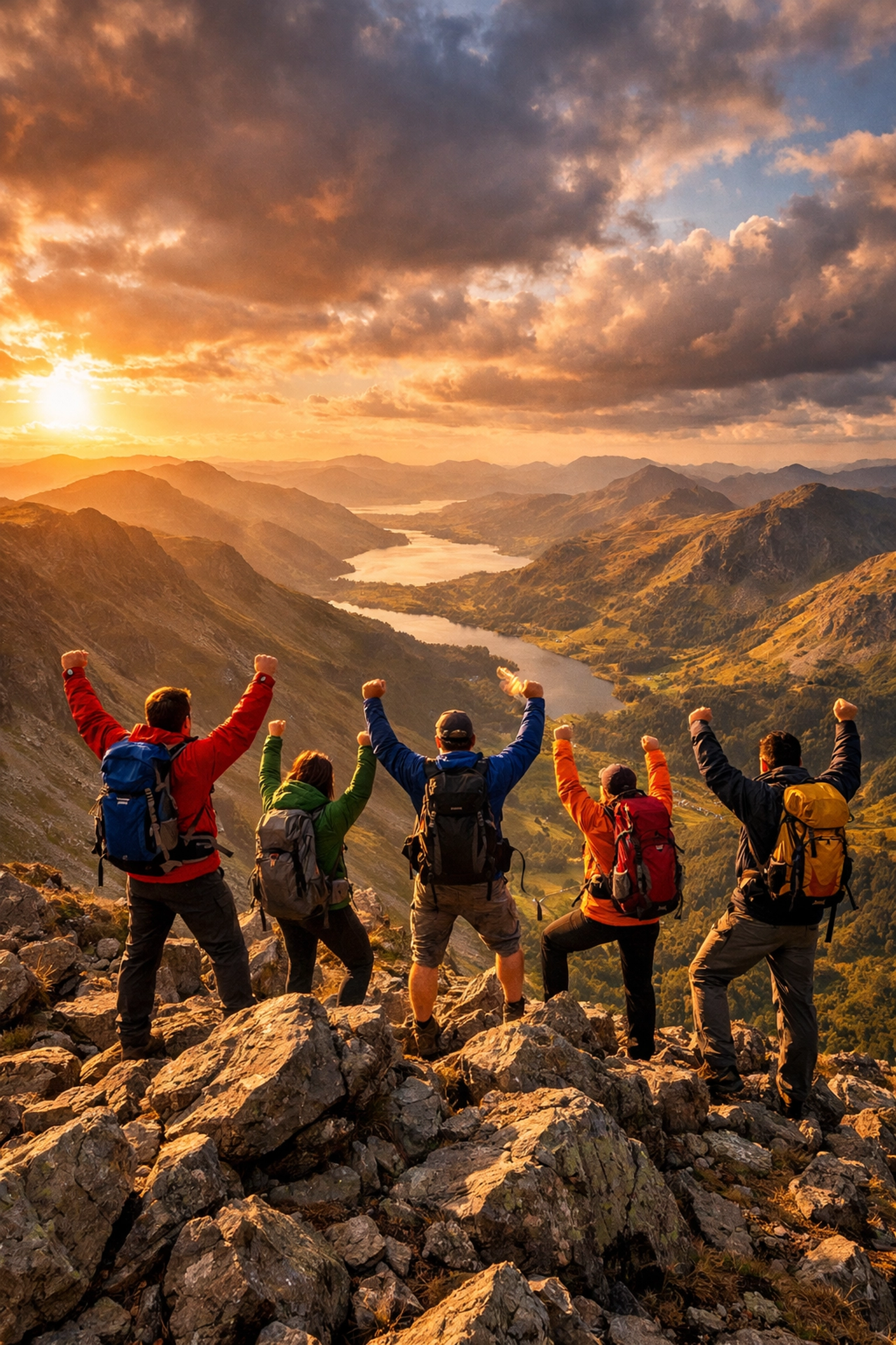 Hikers celebrating summit success on Lake District guided hiking tour