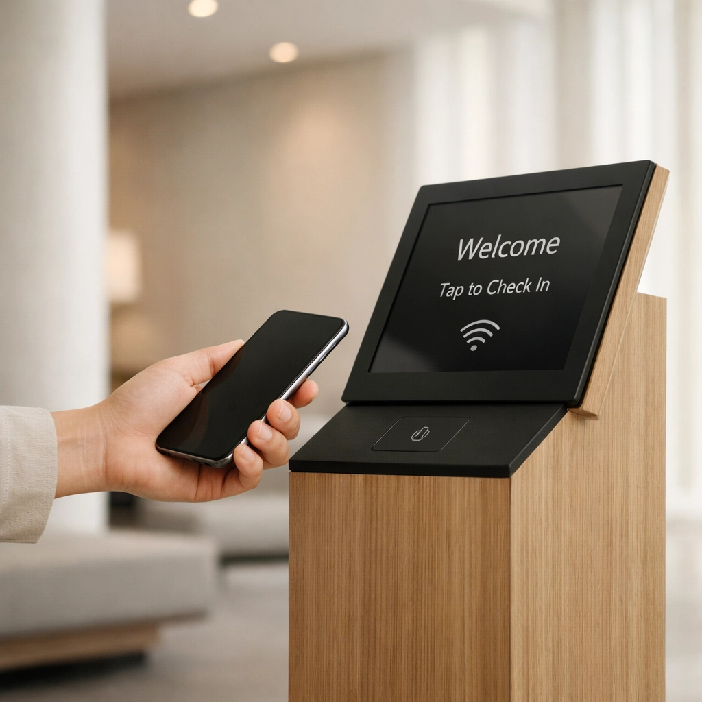 Guest using a smartphone near a minimalist self-check-in kiosk in a contemporary hotel lobby.