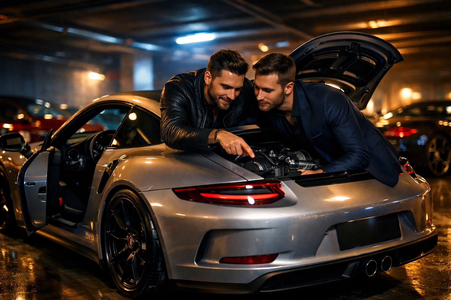 Two gay men examining a Porsche 911 GT3 in an exclusive luxury car garage