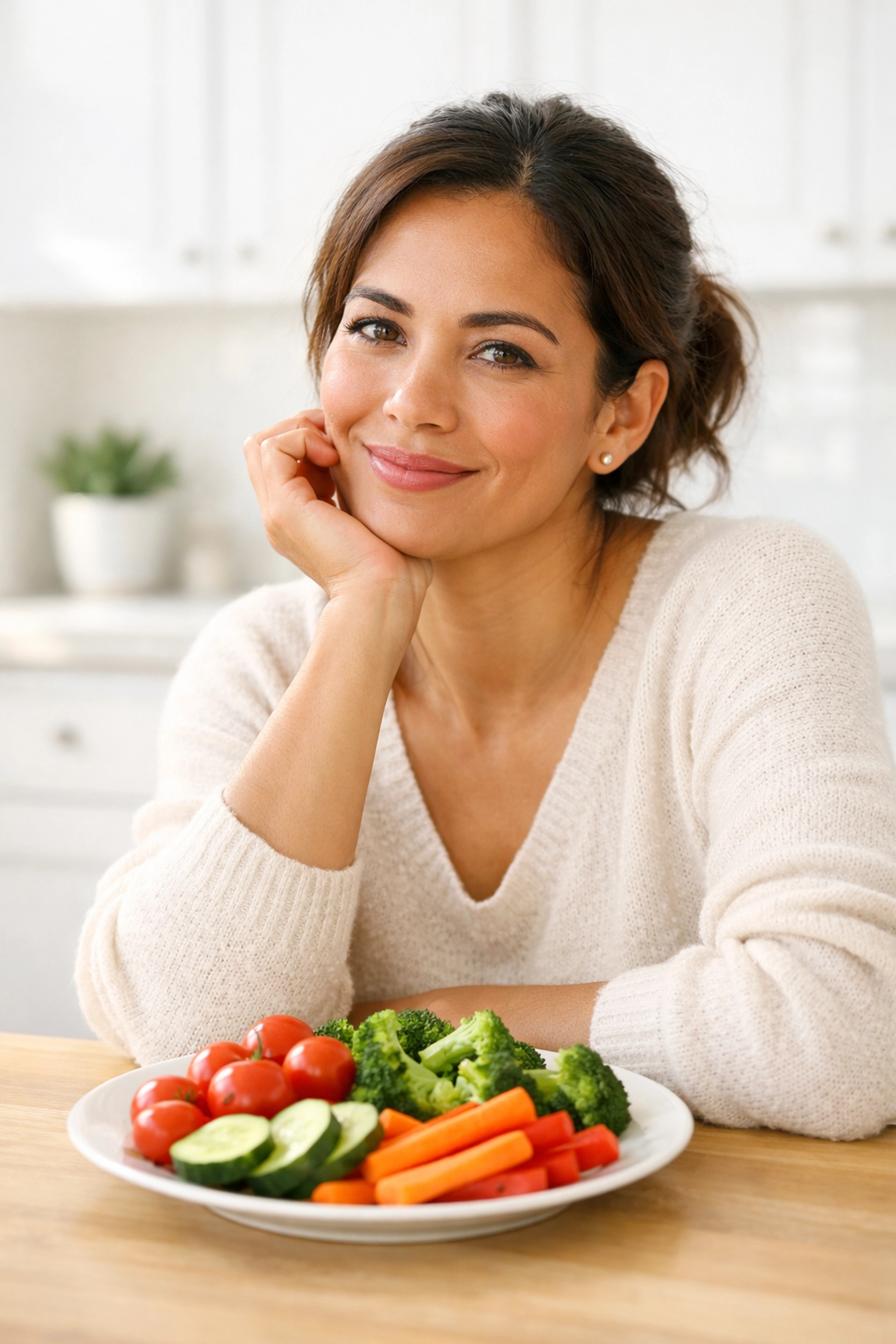 Woman in a modern kitchen enjoying healthy food, illustrating weight loss success and natural satiety.