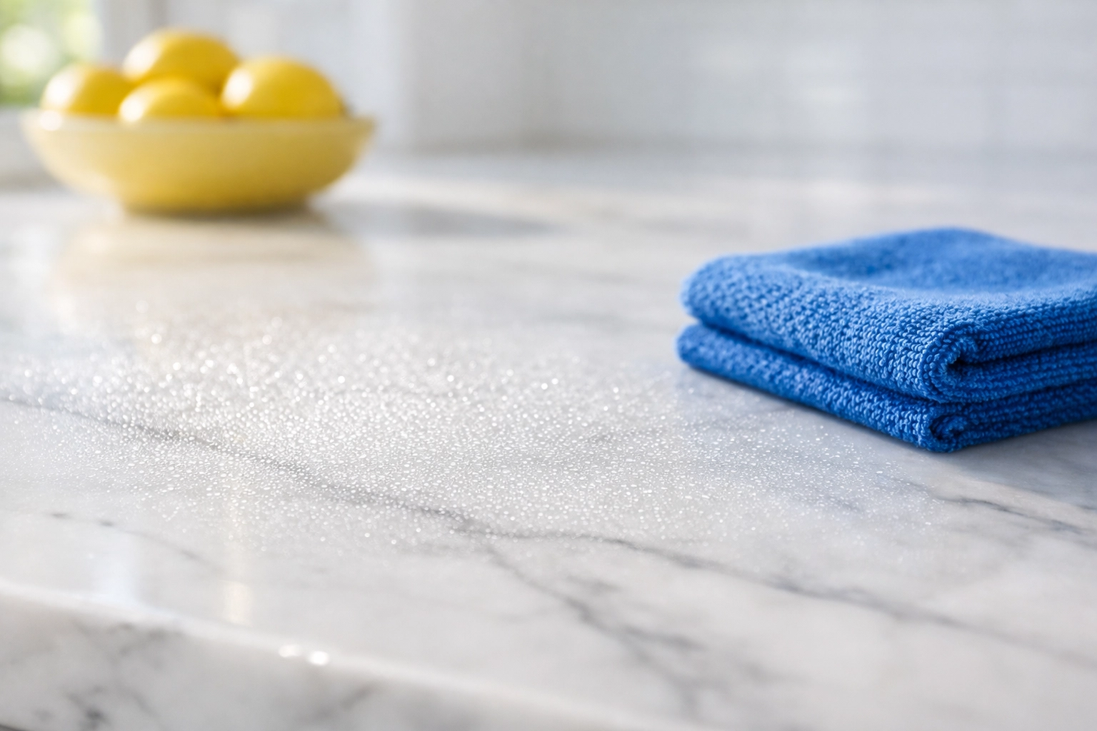 Cleaning solution mist sitting on a white marble kitchen counter for effective disinfection.