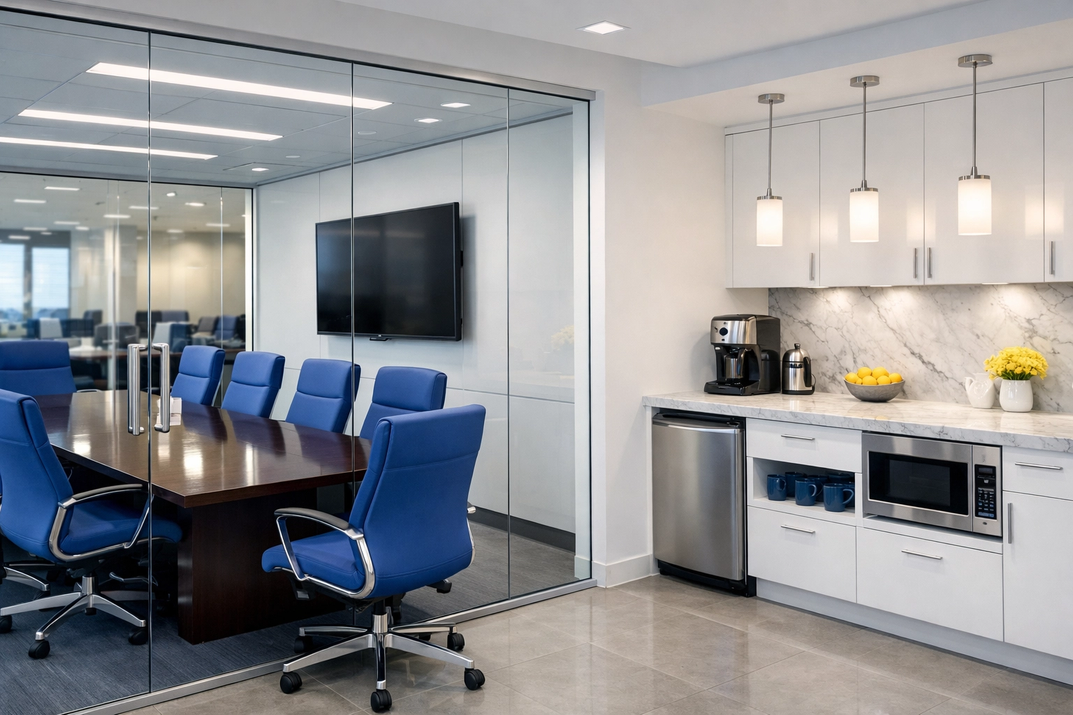 Modern corporate office suite with sparkling surfaces reflecting high-quality house cleaning Ashby standards.