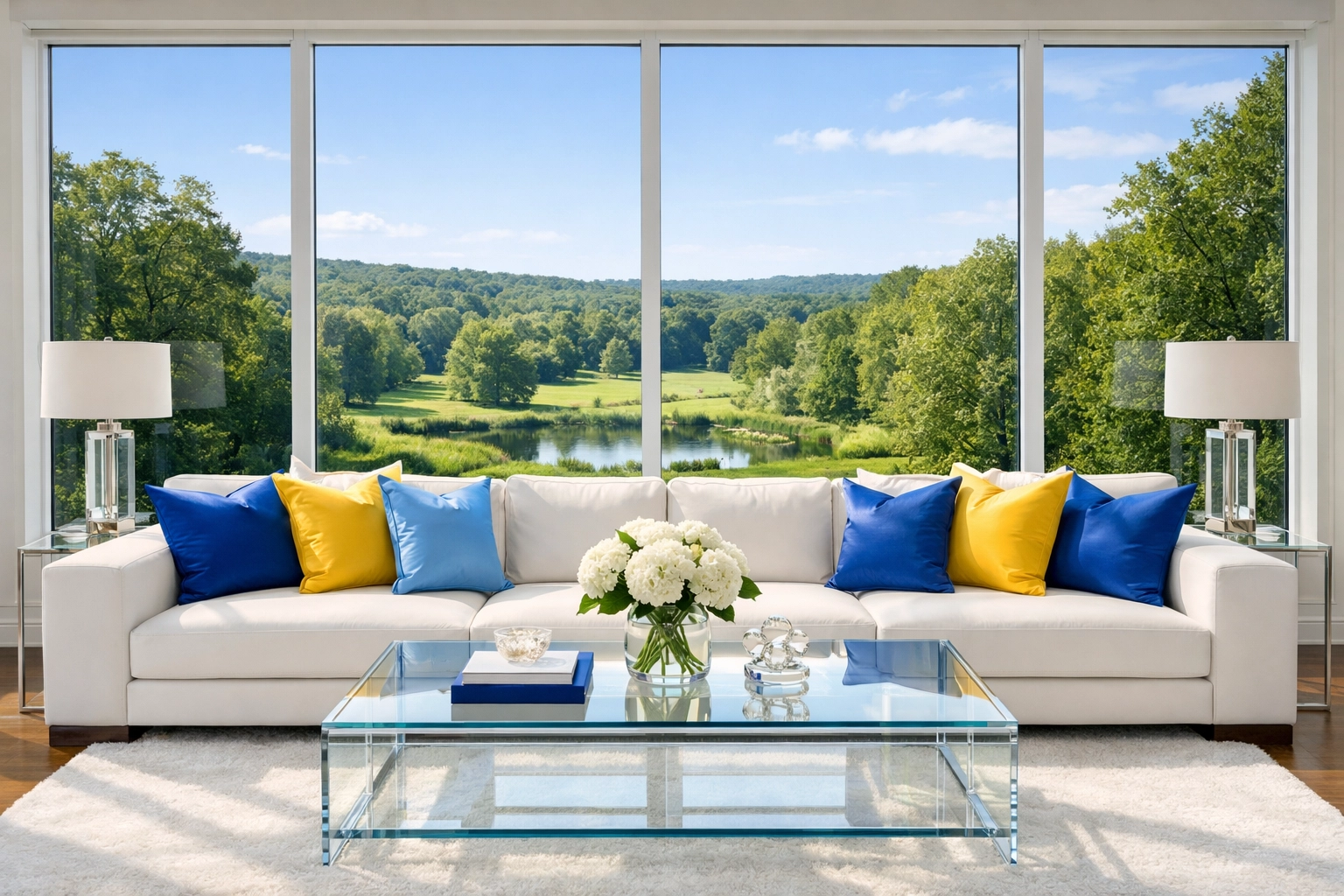 A pristine Wayland living room with a sparkling glass table following a thorough estate deep cleaning.