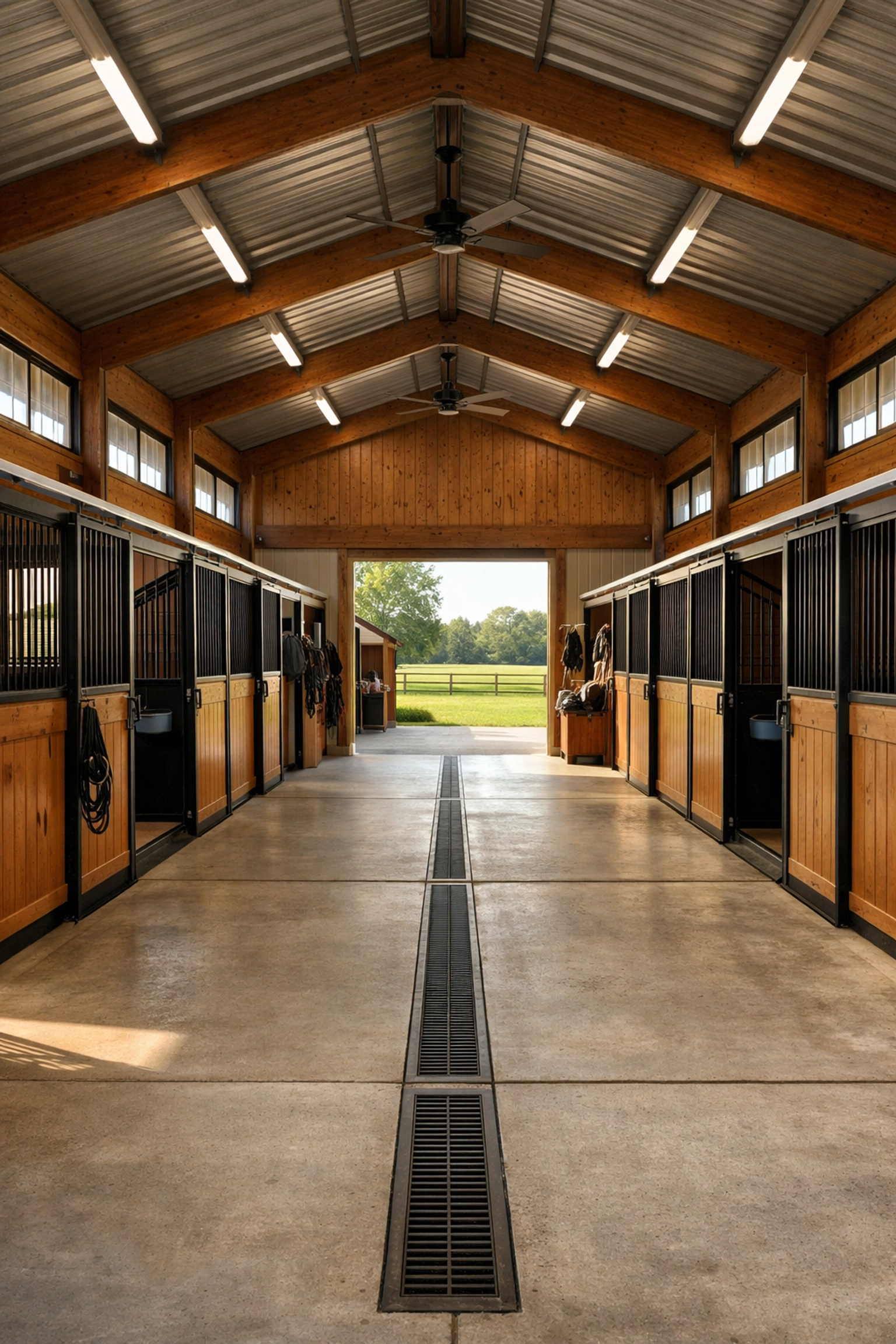 Professional horse barn interior with center aisle, stalls, and quality design in Davidson, NC