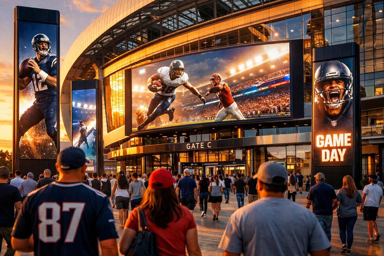 Stadium exterior plaza at sunset showcasing high-tech LED billboards for perimeter sports marketing.