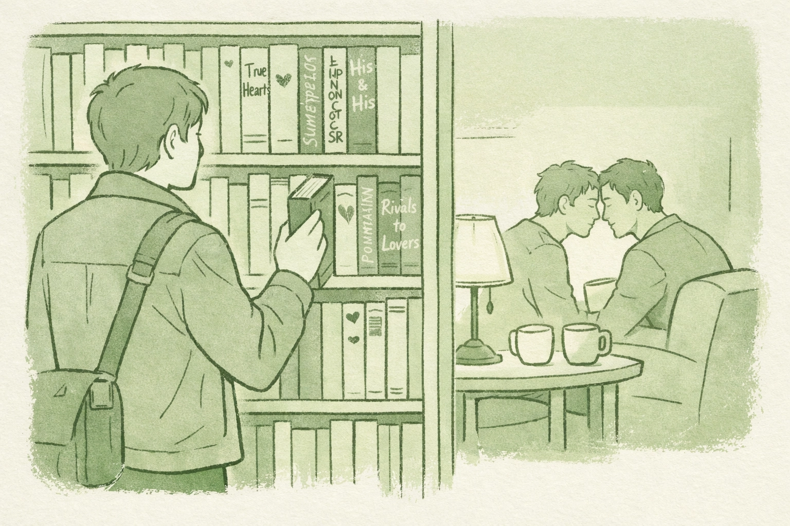 Film scout browsing curated LGBTQ+ fiction library for authentic gay romance stories