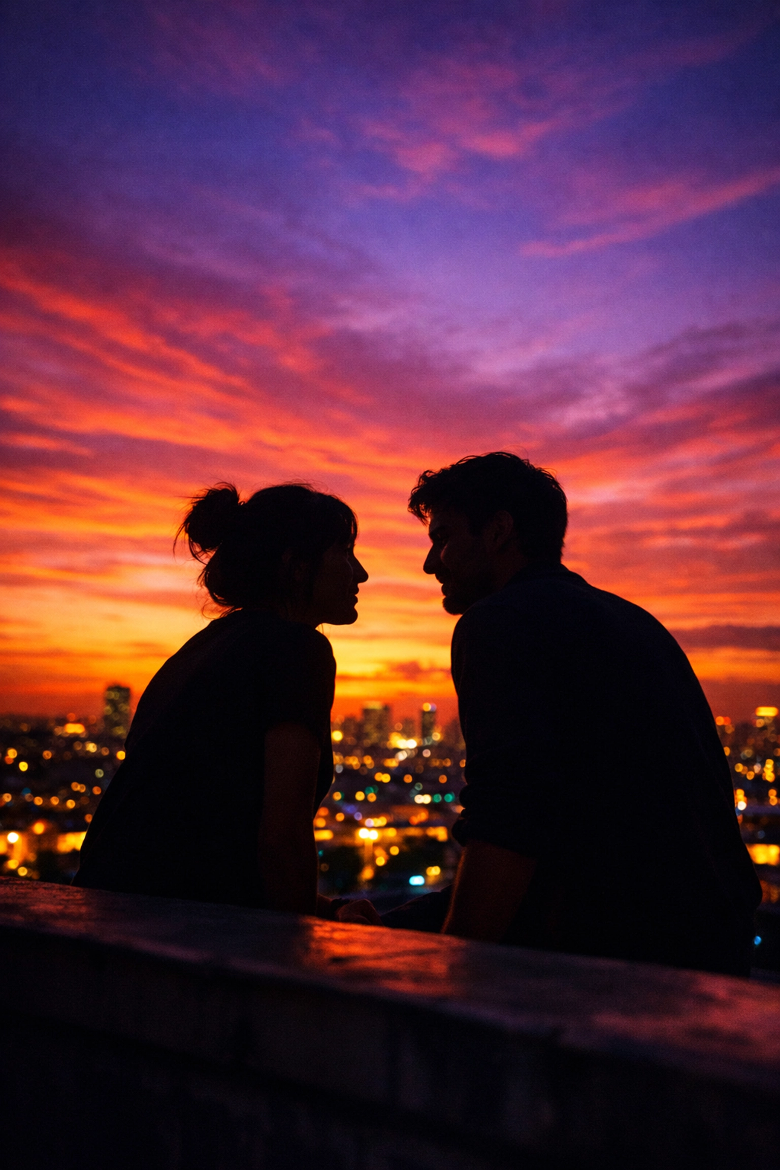 Couple in conversation at sunset demonstrating intentional slow dating connection