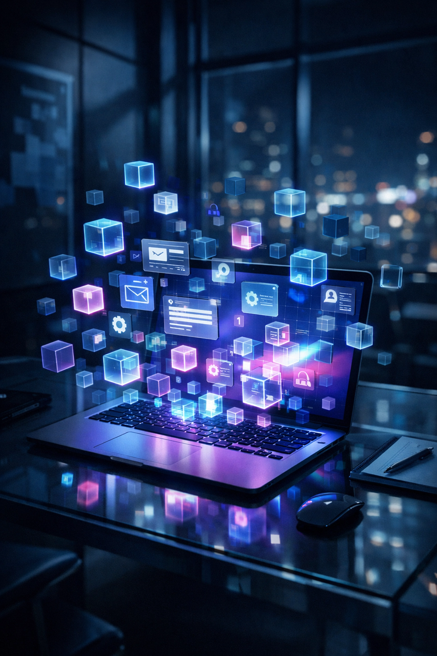 A laptop workstation displaying glowing icons representing unmanaged shadow IT and SaaS sprawl risks.