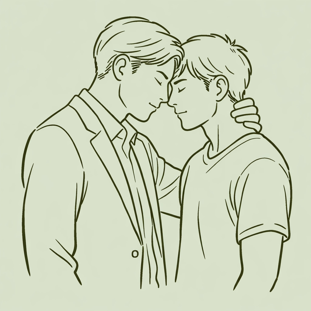 Minimalist drawing of a gay couple in an emotional embrace, depicting Honne and Tatemae in gay fiction.