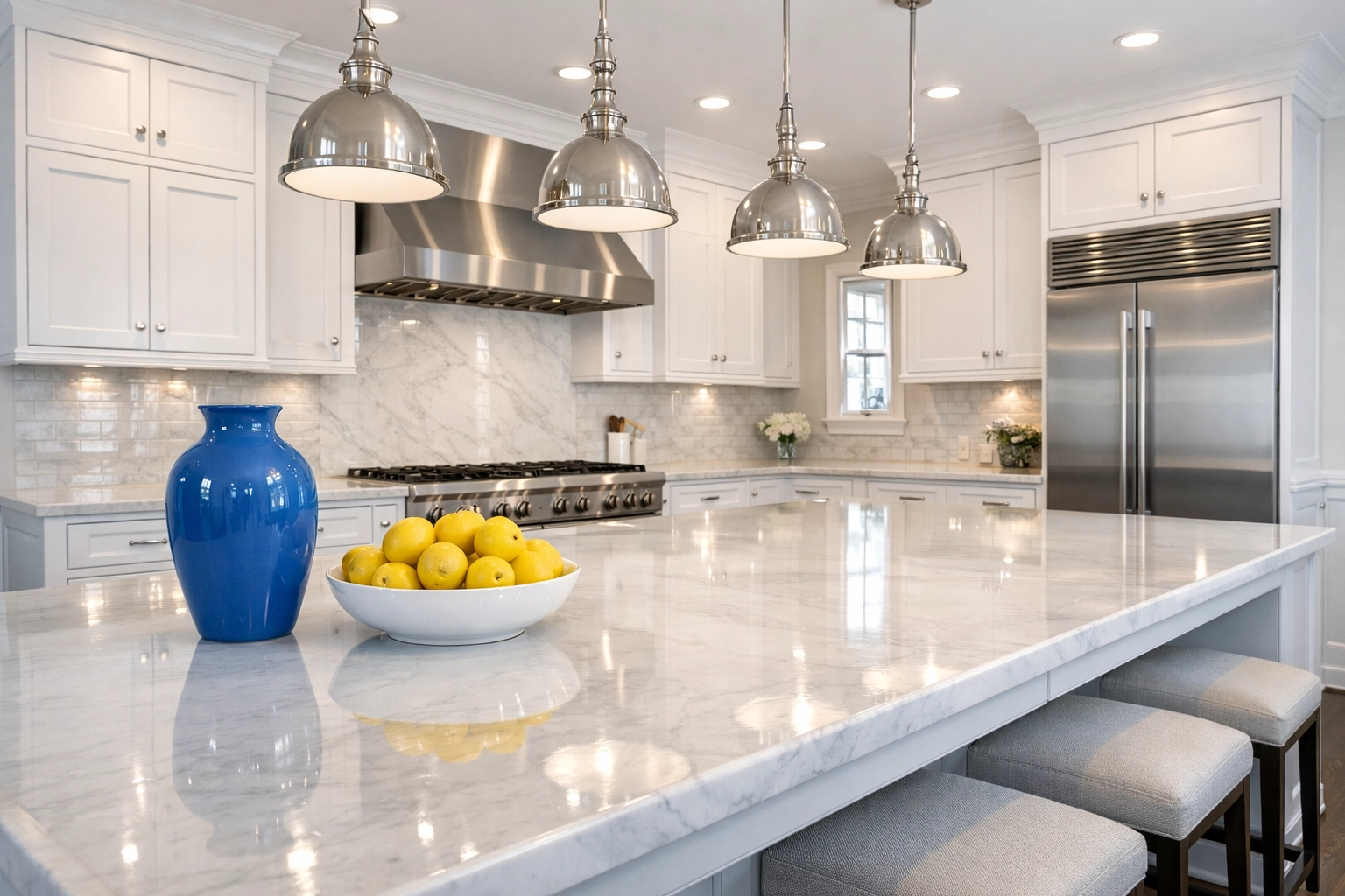 Professional deep cleaning services in a luxury Wellesley MA kitchen with white cabinetry and marble countertops.