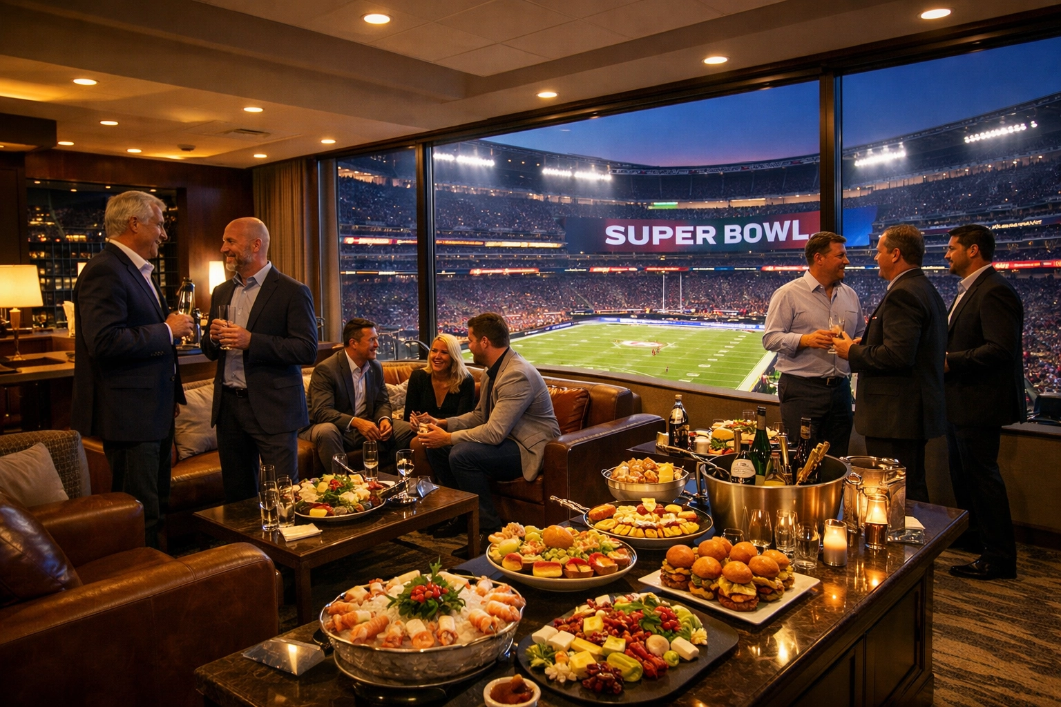 The Ultimate Guide to Executive Sports Event Hosting: Turn the Super Bowl Into Your Biggest Business Win Luxury corporate suite at Super Bowl with executives networking and premium hospitality setup