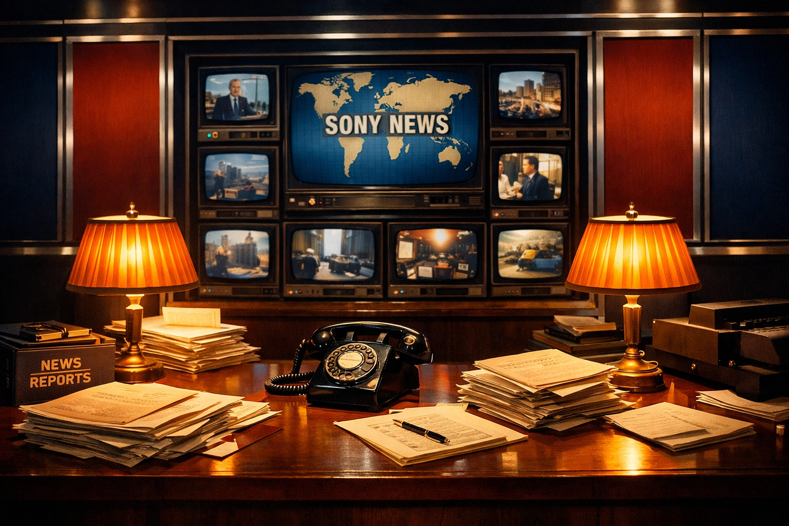 Vintage newsroom desk with monitors and reports - faith-based news briefing setting