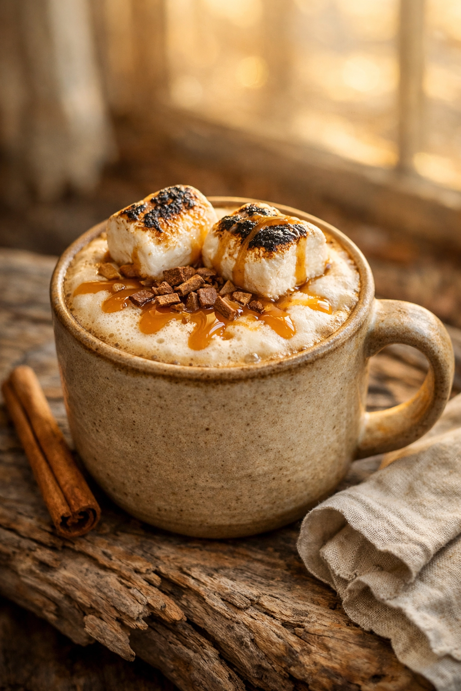 Coastal Campfire latte topped with toasted marshmallows and salted caramel on a rustic wooden table.