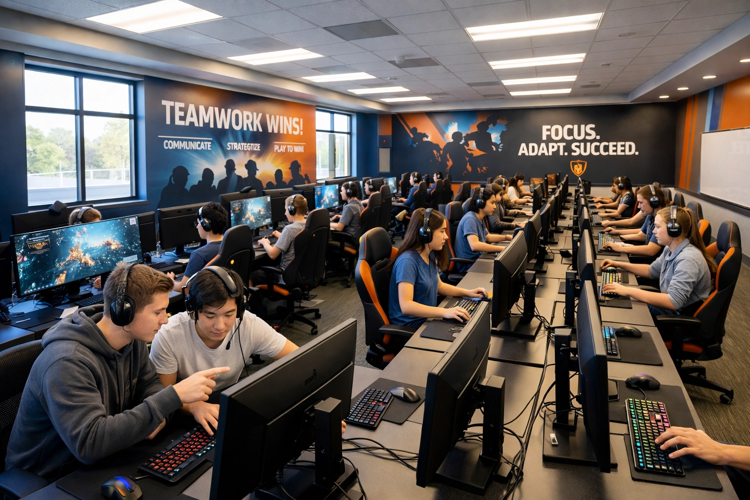 High school esports training facility with professional gaming stations for educational programs