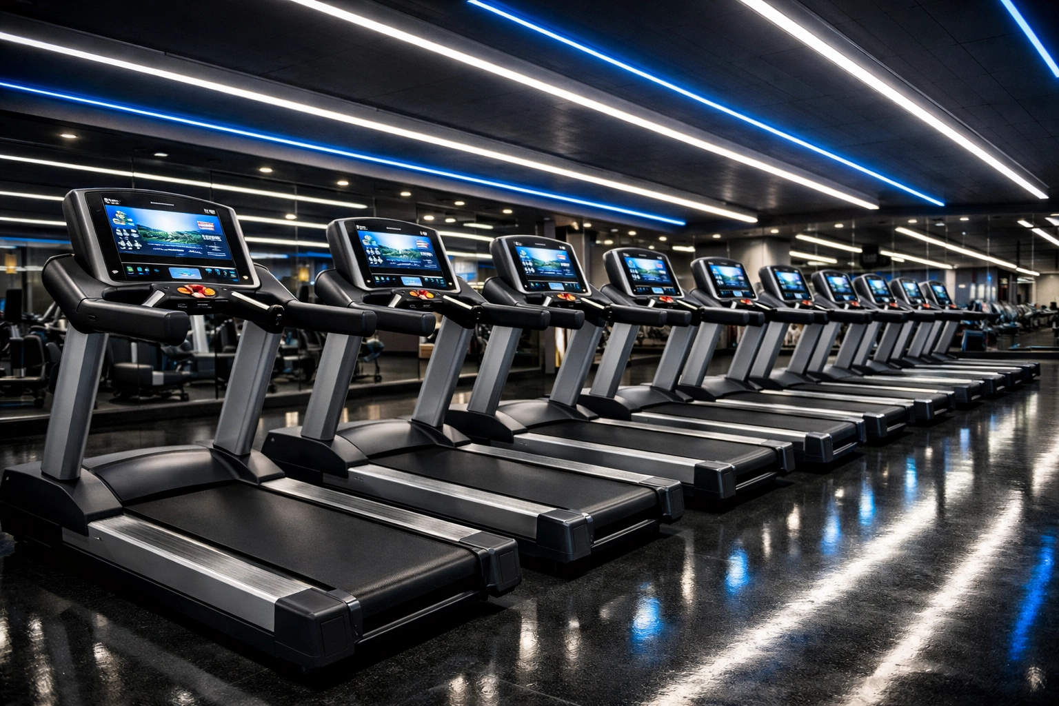 Clean cardio equipment and treadmills in a modern luxury gym, showing sanitized fitness facilities.
