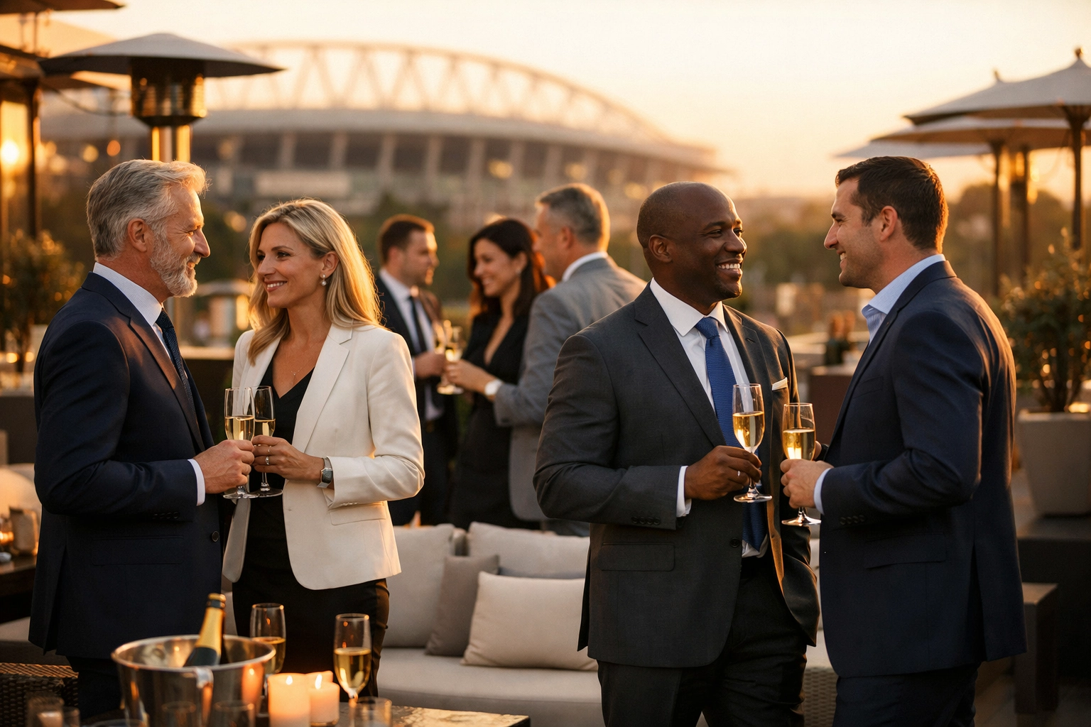Business executives networking at exclusive Super Bowl hospitality venue