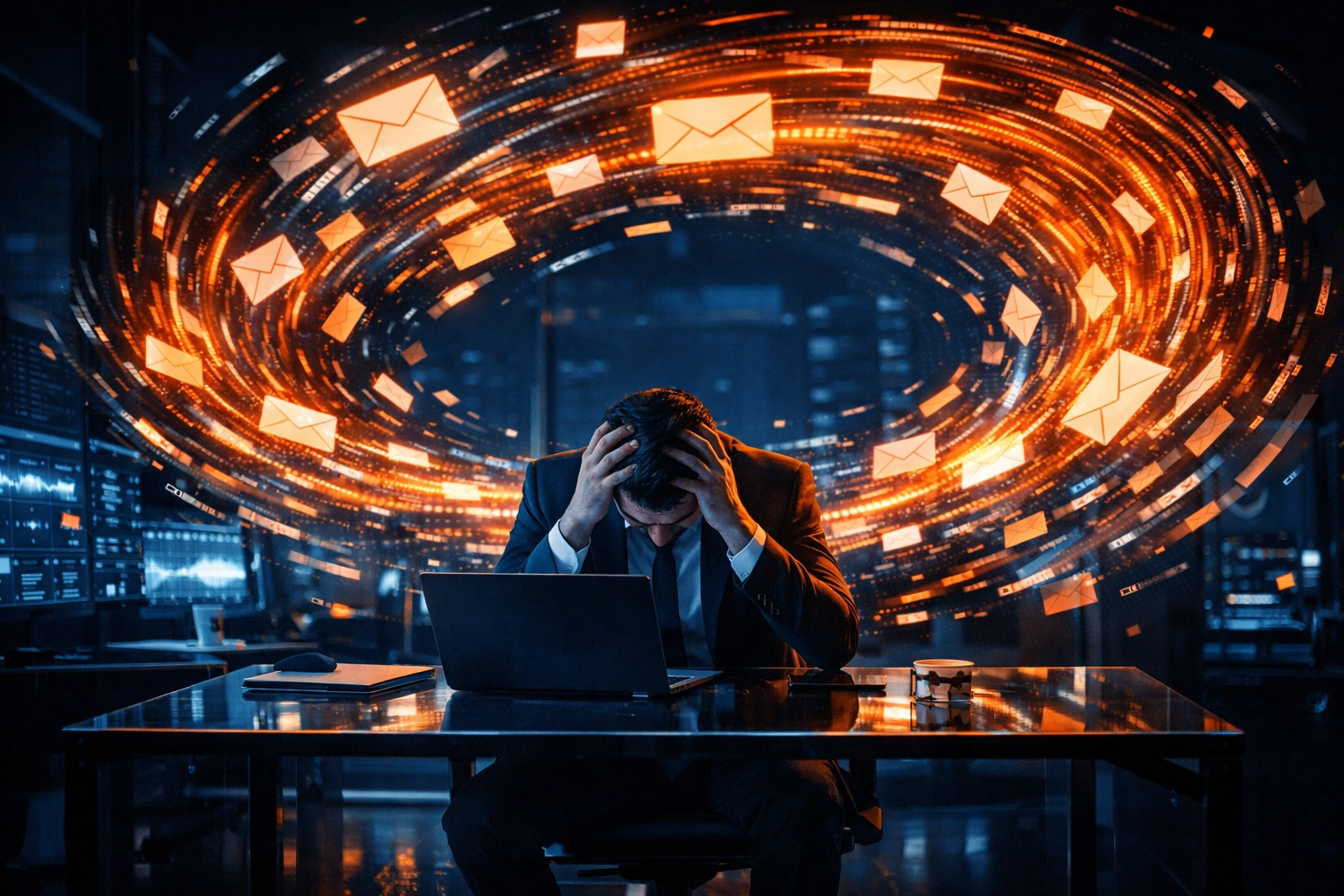 Mitarbeiter am Schreibtisch überwältigt von der E-Mail-Flut und digitalem Chaos.