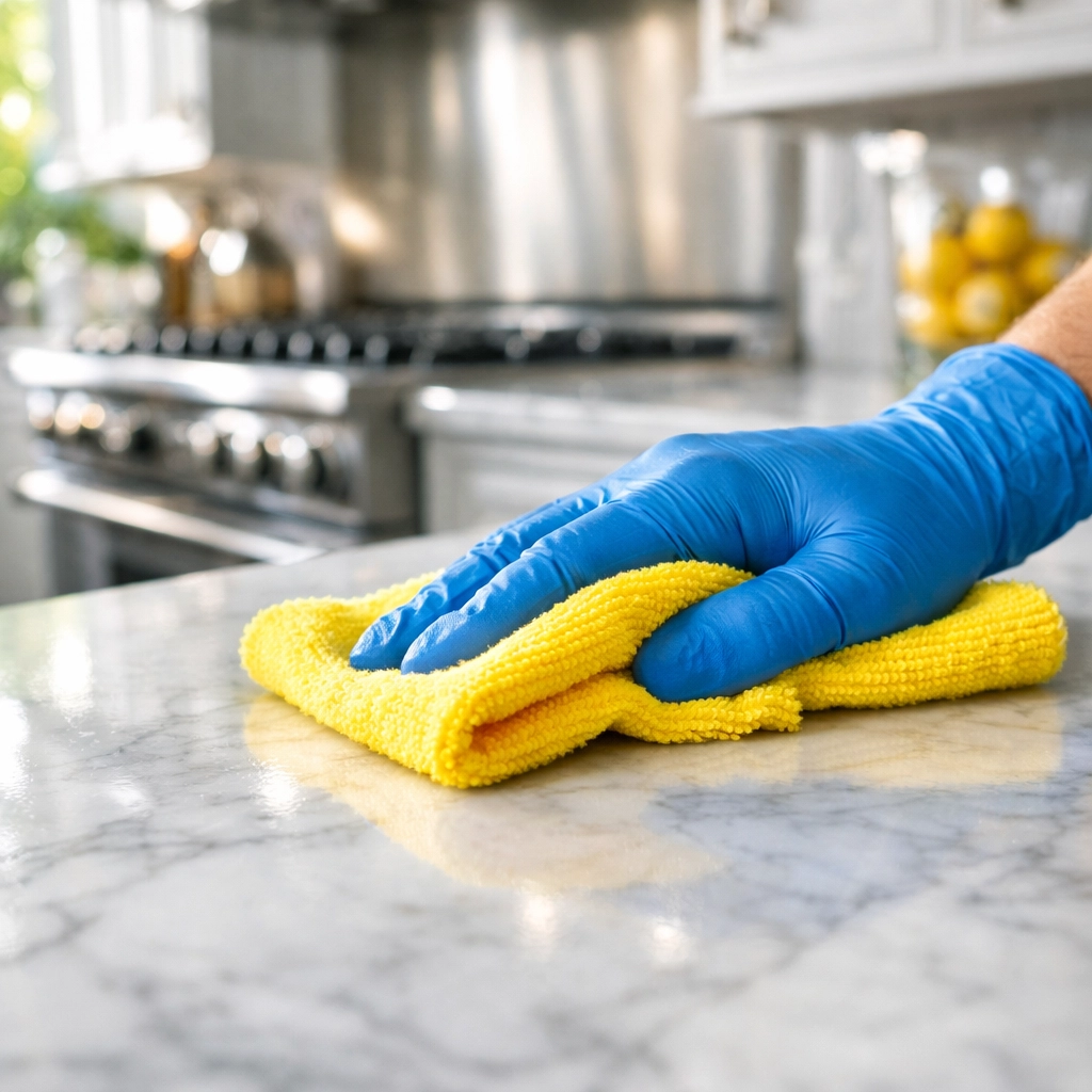 Professional deep cleaning services scrubbing marble countertops in a luxury Massachusetts kitchen.