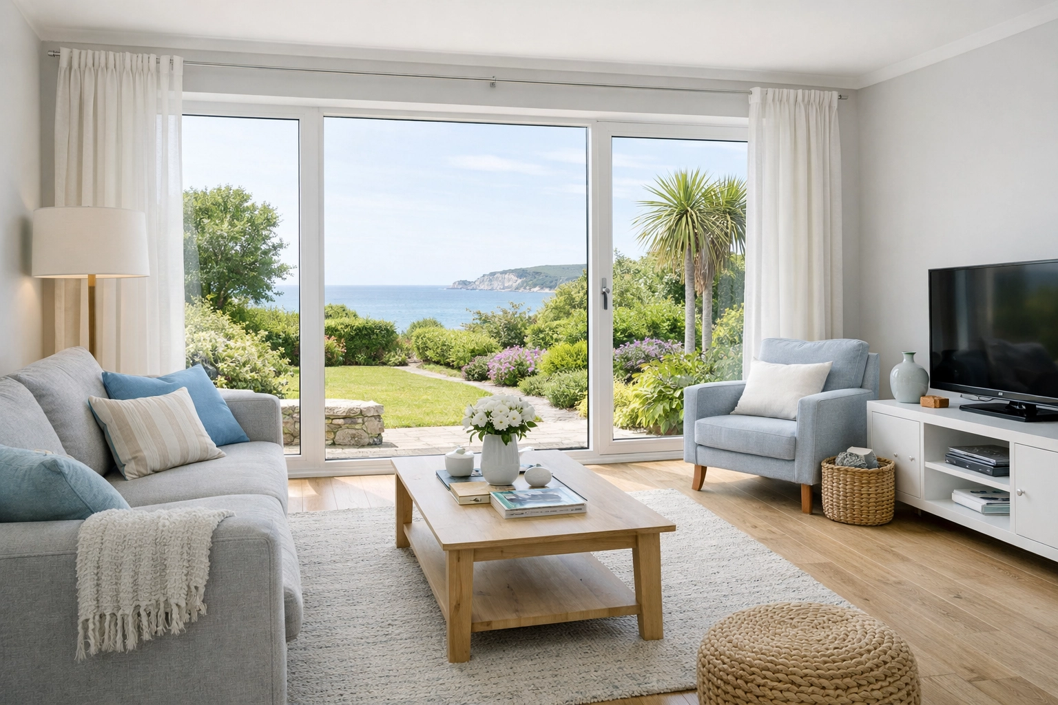 Bright living room in a Dorset home with clear windows, demonstrating the benefits of a PIV installation.