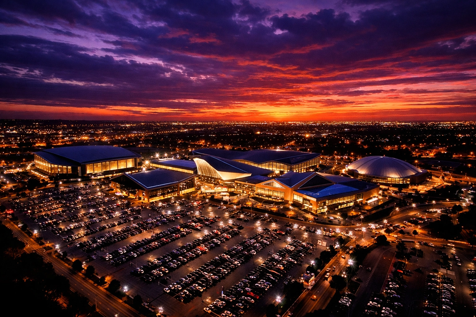Aerial view of REAL district entertainment complex in Regina at dusk