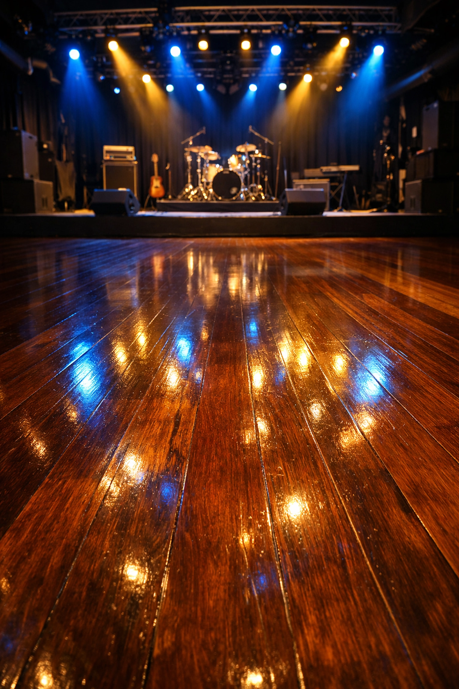 Gleaming hardwood dance floor in a music venue, polished and ready for the next event.