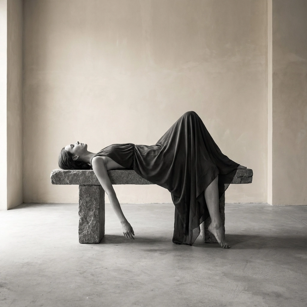 Artistic nude model draped over a stone bench in a side profile view, an example of erotic photography poses.