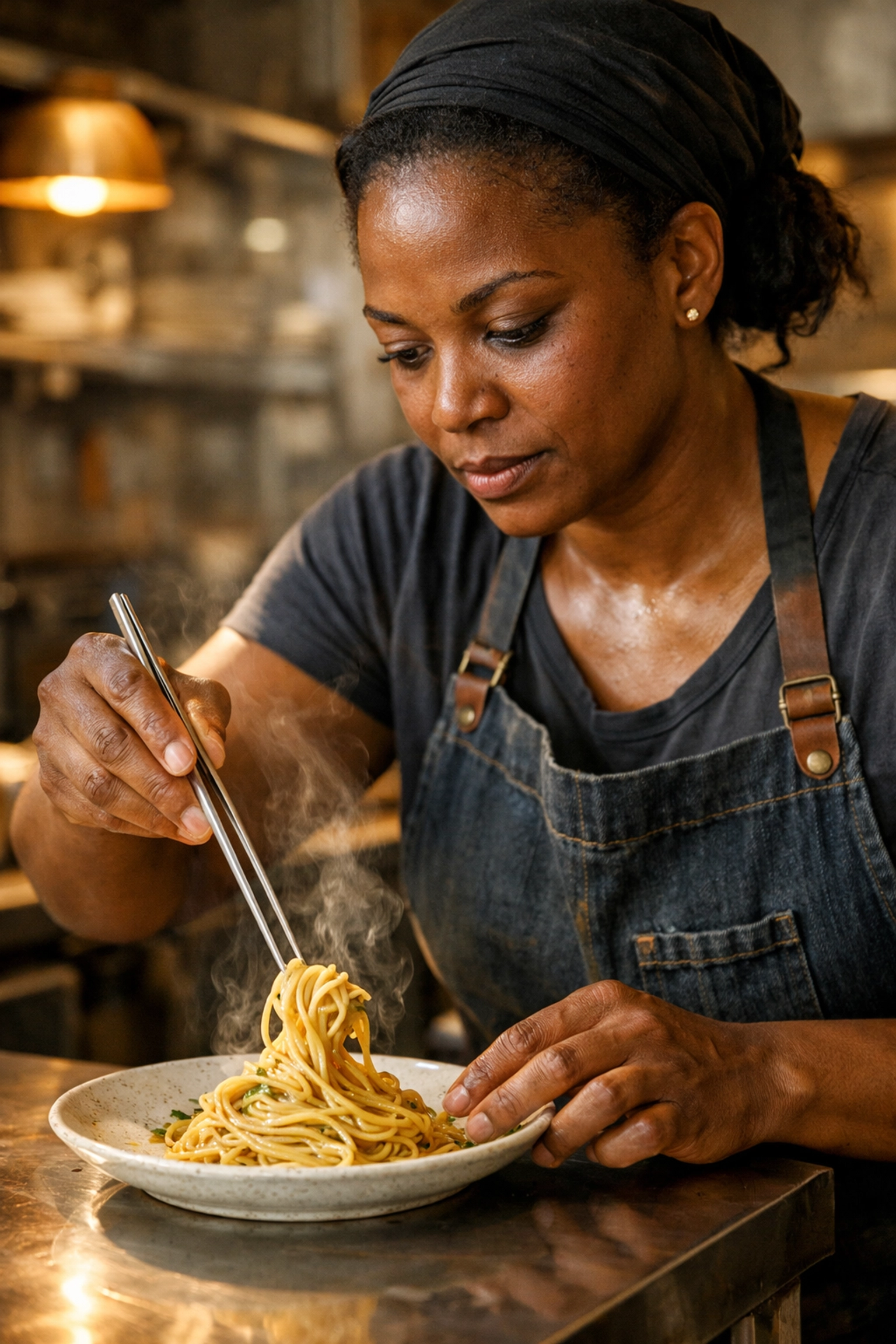 Professional chef plating Miso Butter Spaghetti at Belly in Rockridge for Oakland Restaurant Week.