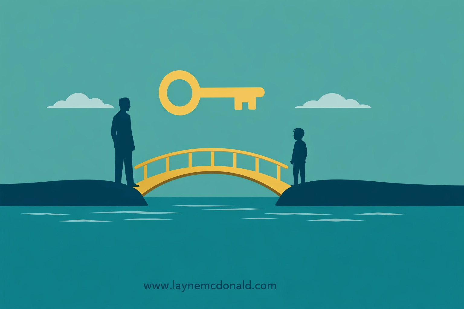 Minimalist illustration of a bridge and key symbolizing family trust and the no-secrets rule for child safety.
