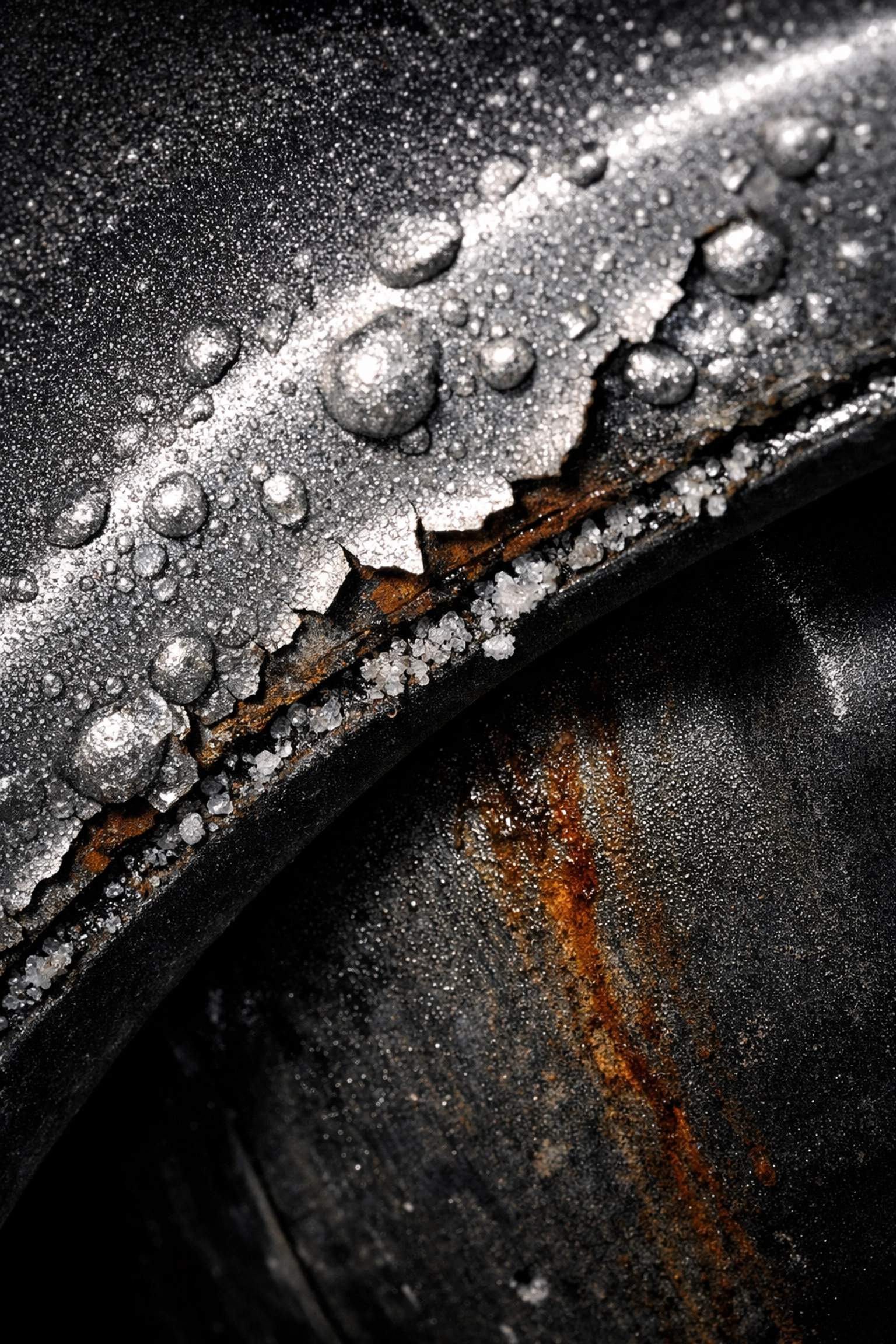 Close-up showing bubbling paint and early surface rust on a vehicle wheel arch and inner sill.