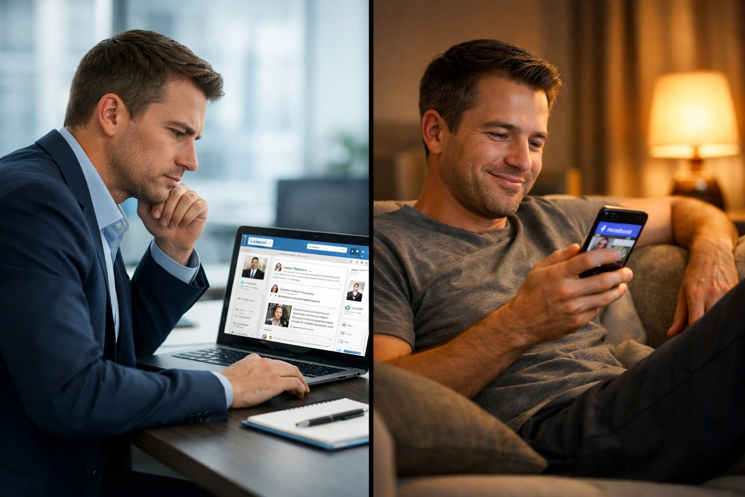 Business professional using LinkedIn at office versus browsing Facebook at home showing audience behavior shifts