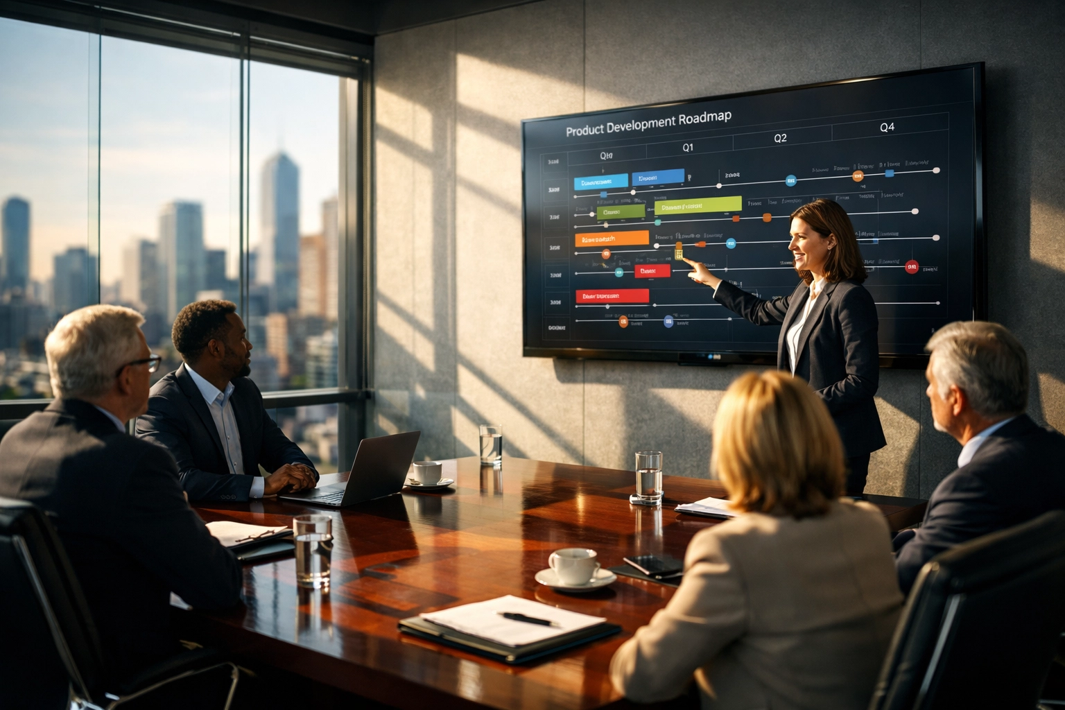 Business leaders reviewing a digital roadmap for implementing future-ready school frameworks.