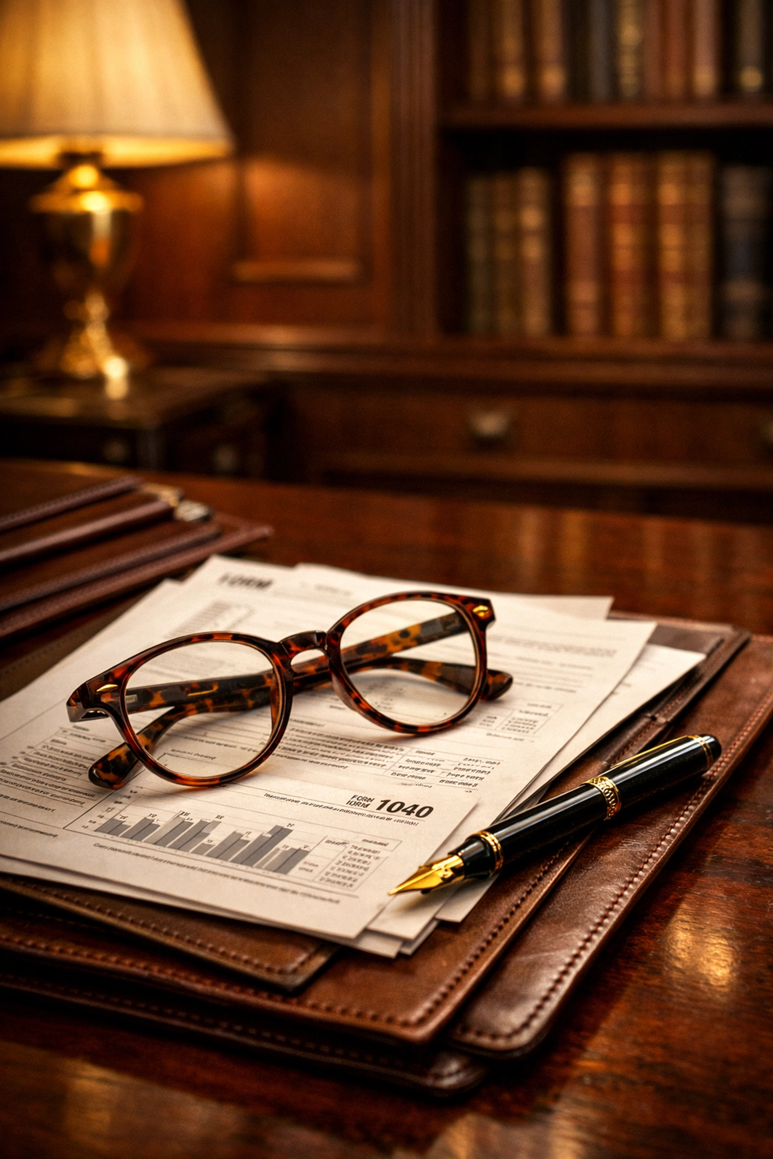 Financial compliance documents and reading glasses on a mahogany desk for executive succession planning.