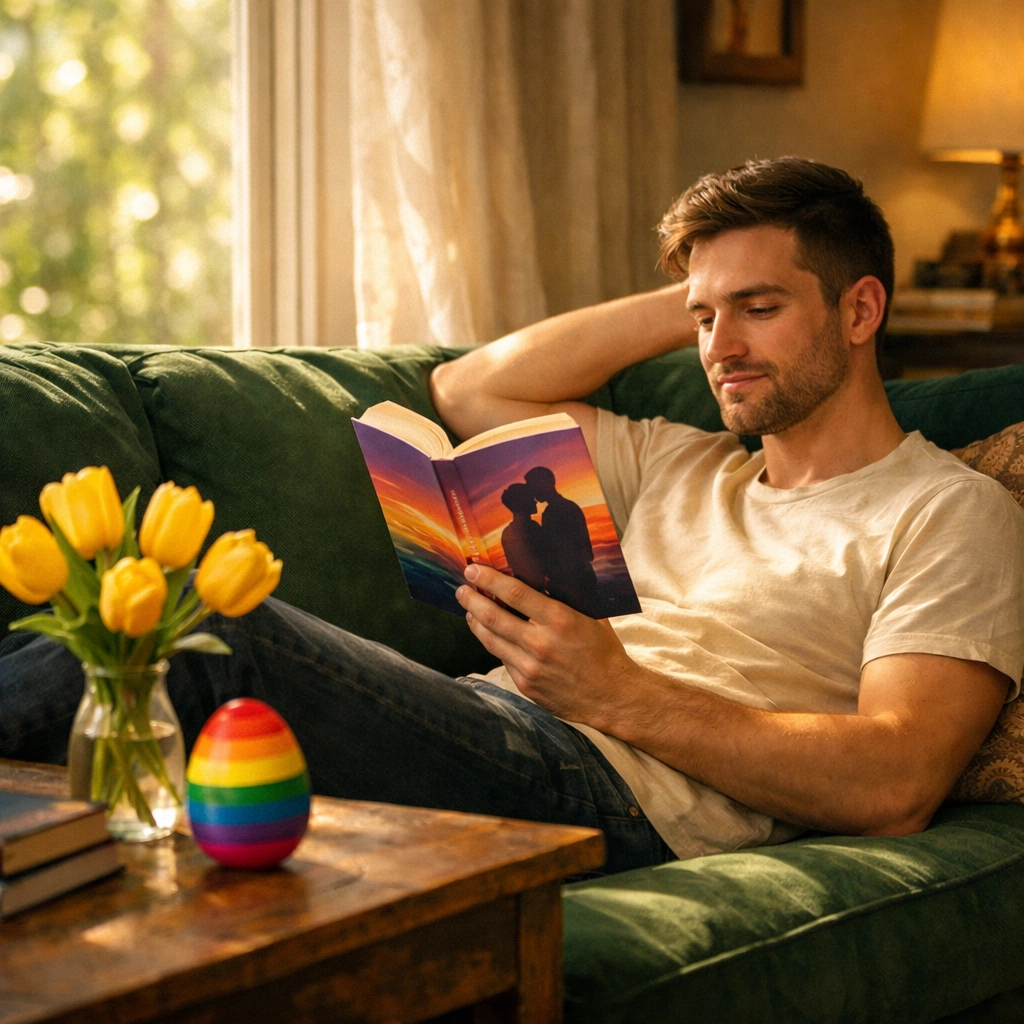 A gay man reading a queer romance book at home during a peaceful Easter holiday celebration.
