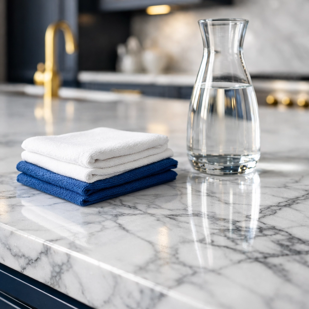 Spotless marble kitchen island after a deep cleaning Lowell service by professional home cleaners.