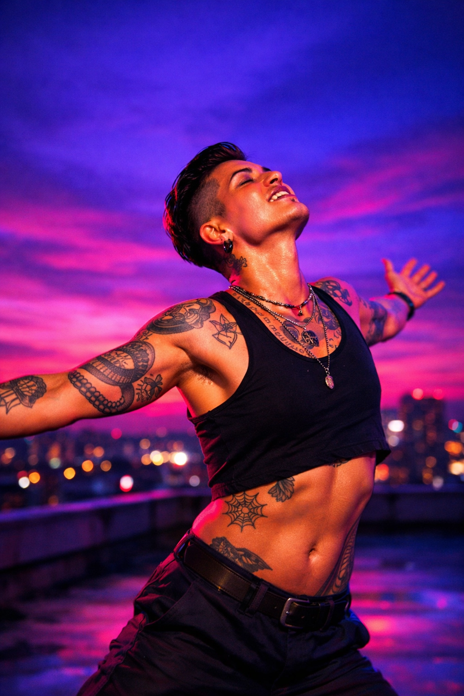 A queer person finding joy through somatic healing and mindful movement on a rooftop at sunset.