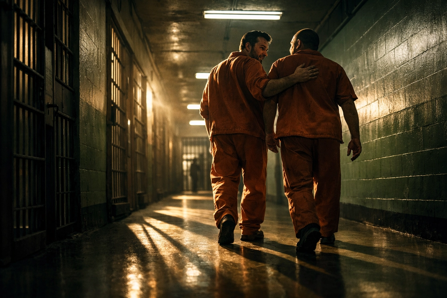Gay men in prison uniforms walking together showing trust and connection