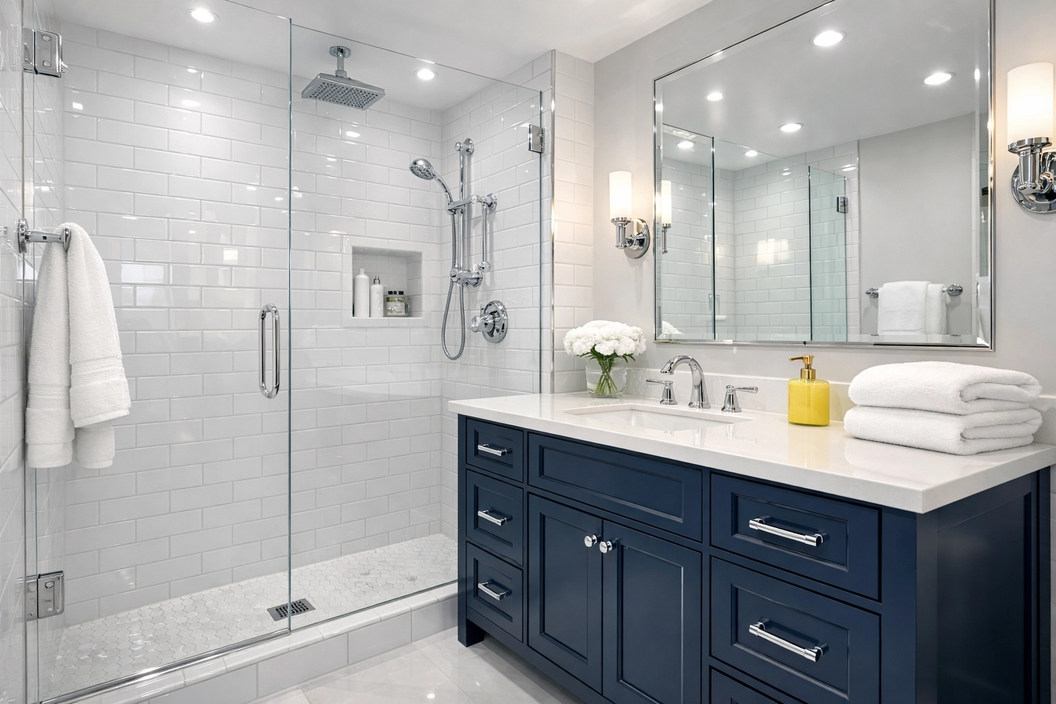 Sanitized bathroom featuring white subway tiles and a blue vanity from a Move-In Cleaning in Newton.